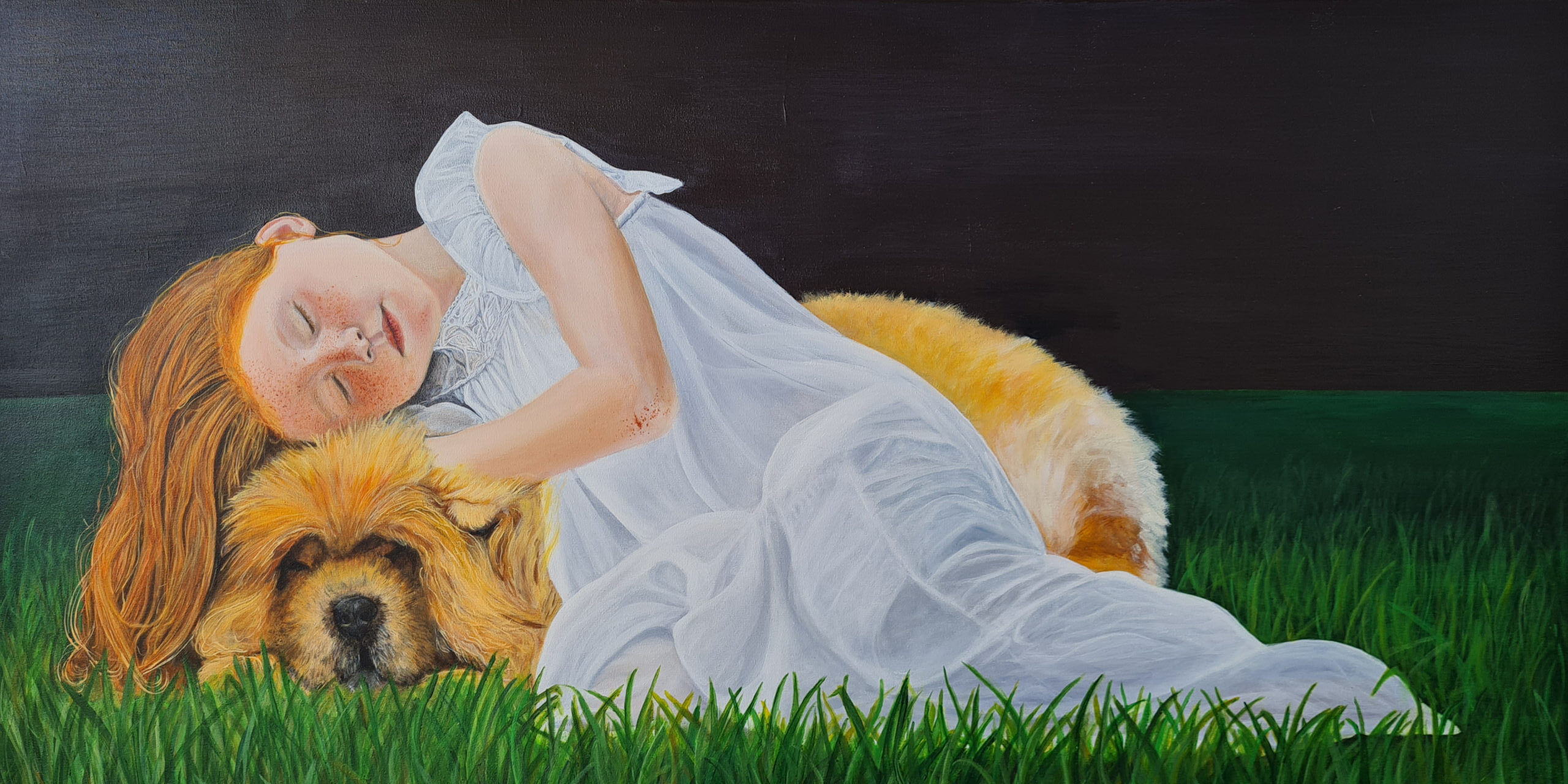 Acrylverf schilderij van een meisje dat slaapt op een hond,